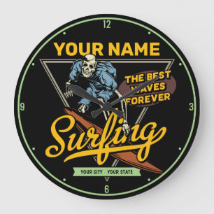 Personalized Surfing Skeleton Ride Waves Surfer Large Clock