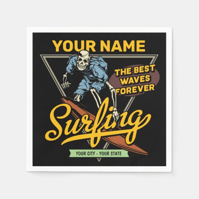 Personalized Surfing Skeleton Ride Waves Surfer  Napkin (Front)