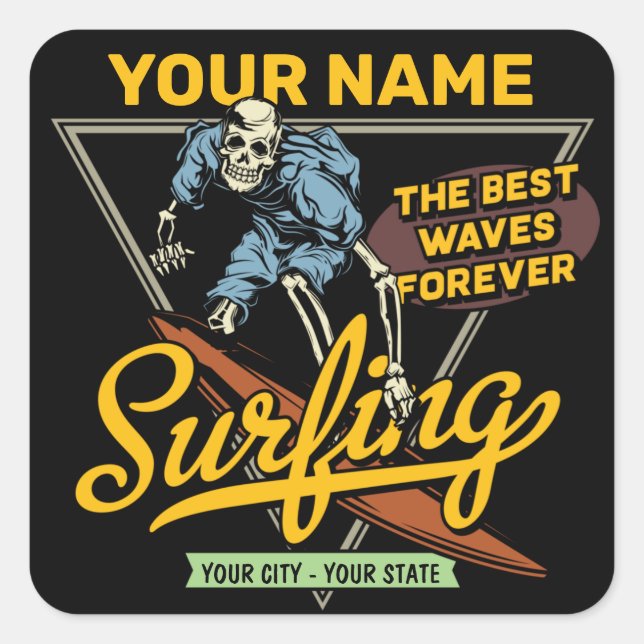 Personalized Surfing Skeleton Ride Waves Surfer Square Sticker (Front)