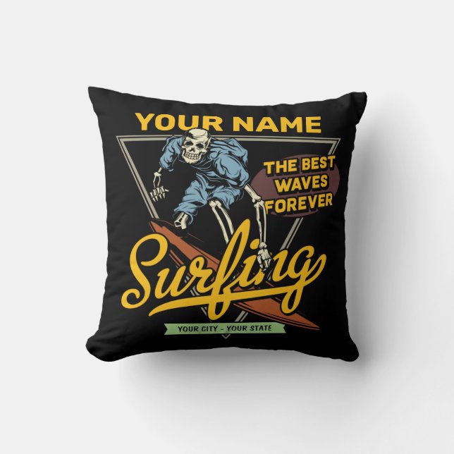 Personalized Surfing Skeleton Ride Waves Surfer Throw Pillow (Front)