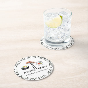 Personalized Sushi Birthday Black White Round Paper Coaster