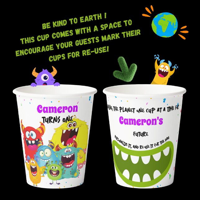 Personalized Sustainable Colourful Monster Birthda Paper Cups (Creator Uploaded)