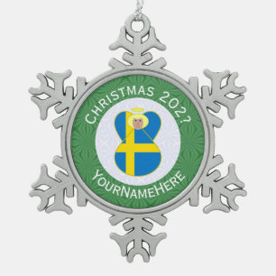 Personalized Swedish Angel Christmas Flag Snowflake Pewter Christmas Ornament