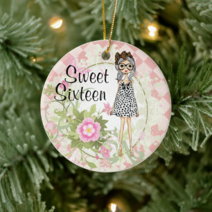 Personalized Sweet 16 Cool Girl Flower Christmas Ceramic Ornament