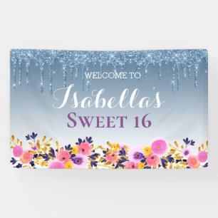 Personalized Sweet 16   Floral Dripping Glitter Banner