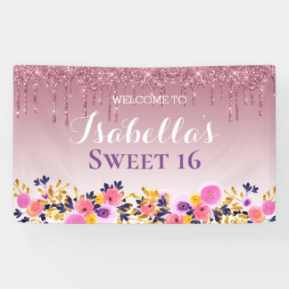Personalized Sweet 16 | Floral Dripping Glitter Banner