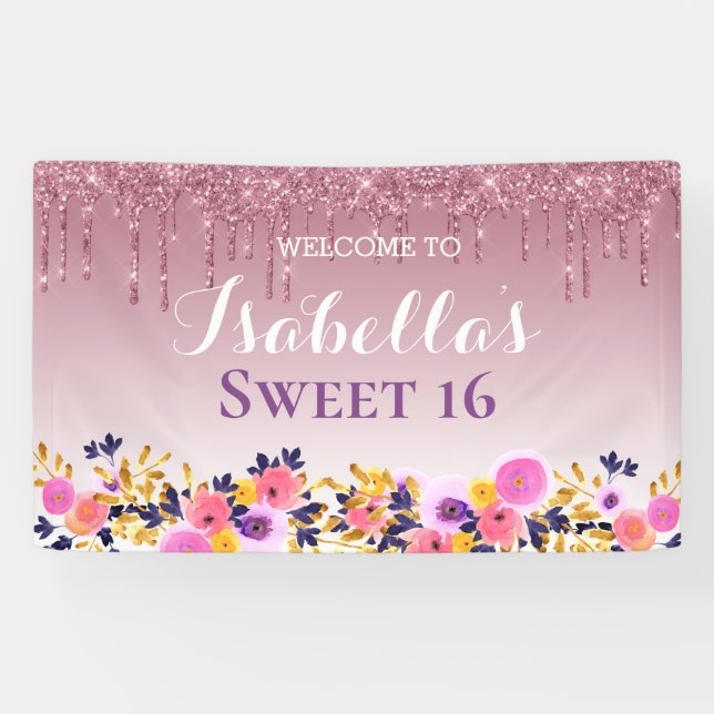 Personalized Sweet 16 | Floral Dripping Glitter Banner (Horizontal)