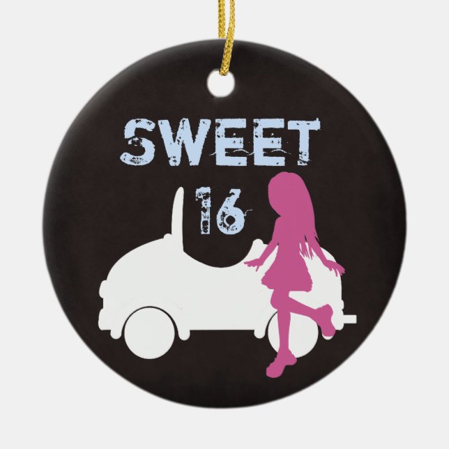 Personalized Sweet 16 Girl and Car in Pink n Blue Ceramic Ornament (Front)