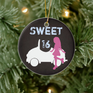 Personalized Sweet 16 Girl and Car ~ Pink, Blue Ceramic Ornament