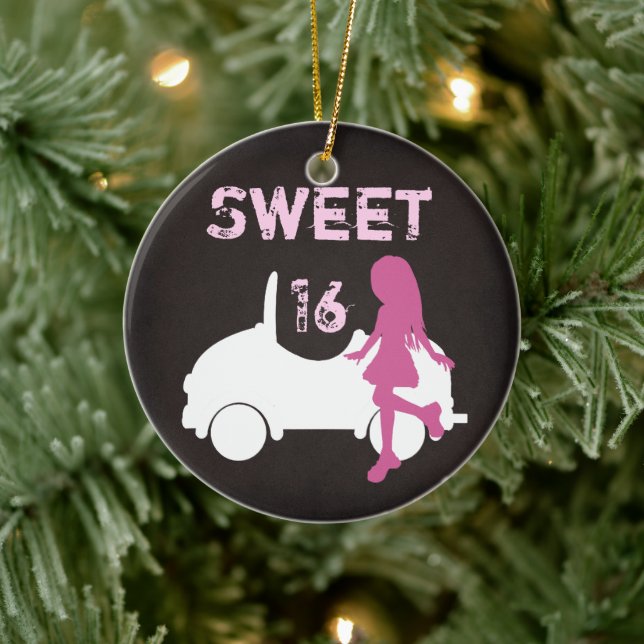 Personalized Sweet 16 Girl and Car ~ Pink, Brown Ceramic Ornament (Tree)
