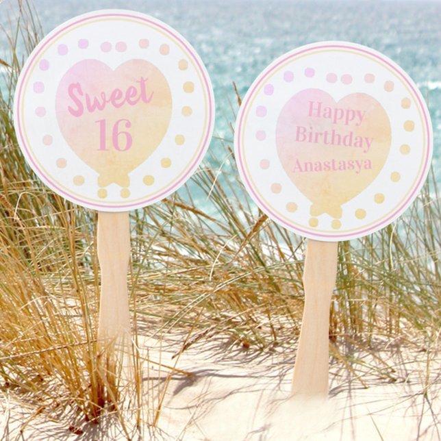 Personalized Sweet 16 Happy Birthday Pastel Heart Hand Fan (Creator Uploaded)