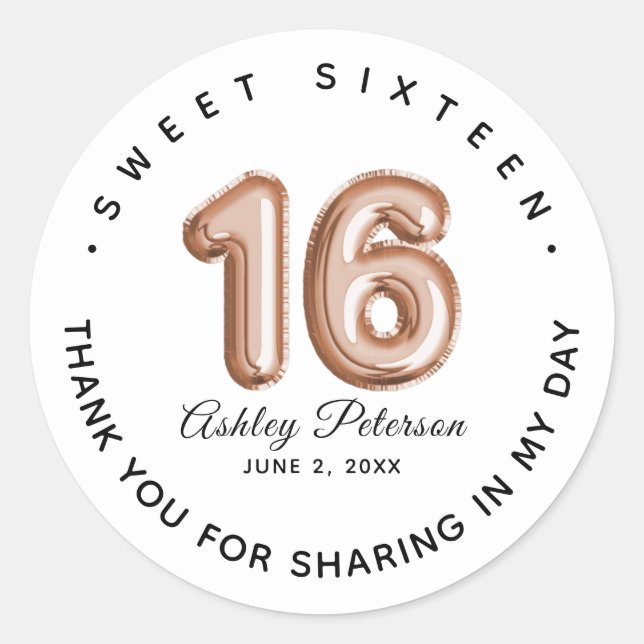 Personalized Sweet 16 Luxury Balloon Classic Round Sticker (Front)