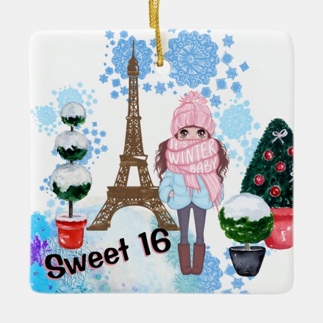 Personalized Sweet 16 Paris Winter Eiffel Tower Ceramic Ornament (Front)