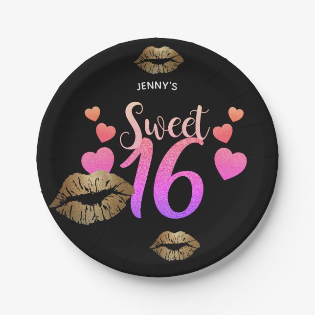 Personalized Sweet 16 Plates - Pink Glitter LIPS (Front)