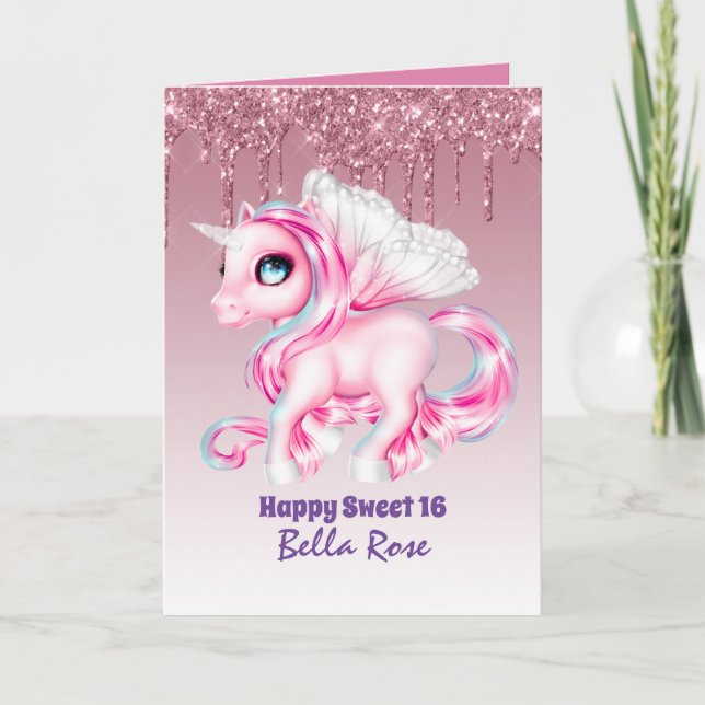 Personalized Sweet 16 Pretty Unicorn Birthday Card (Front)