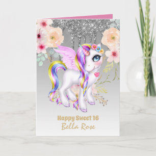 Personalized Sweet 16 Pretty Unicorn Birthday Card