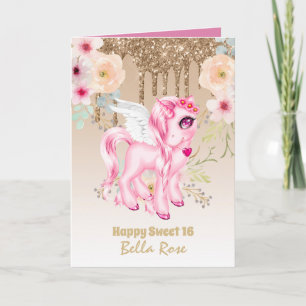 Personalized Sweet 16 Pretty Unicorn Birthday Card