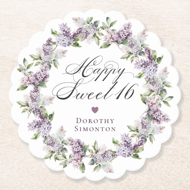 Personalized Sweet 16 Purple Lilac Flower Paper Coaster (Front)