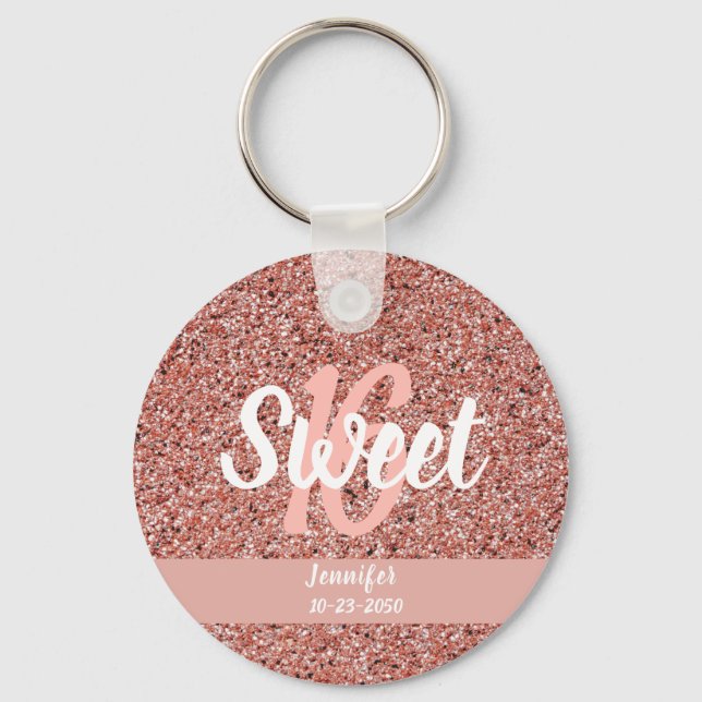 Personalized Sweet 16 Rose Gold Pink Glitter Keychain (Front)