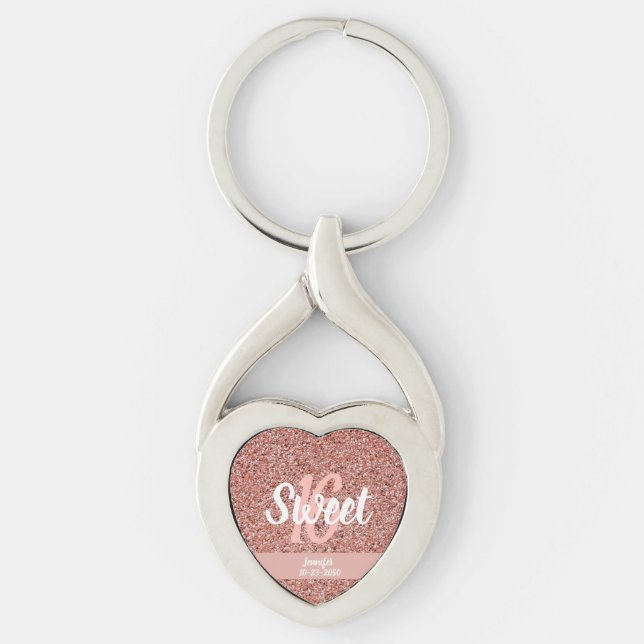 Personalized Sweet 16 Rose Gold Pink Glitter Keychain (Front)