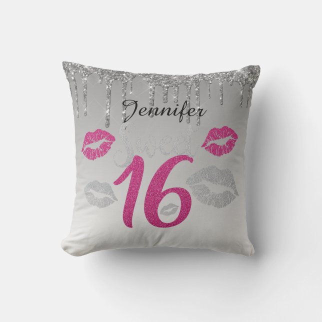 Personalized Sweet 16 Silver Throw Pillow (Front)