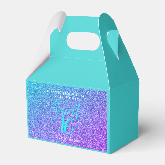 Personalized Sweet 16 Teal Purple Glitter Party Favor Box (Front Side)