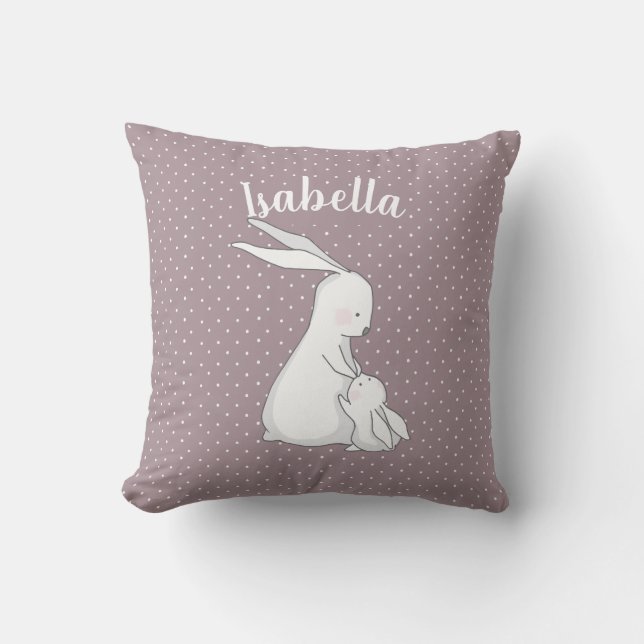 Personalized | Sweet Bunny Love Pink Polka Dot Throw Pillow (Front)