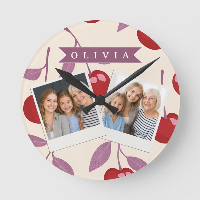 Personalized Sweet Cherry Pattern Cute Girly Retro Round Clock (Front)