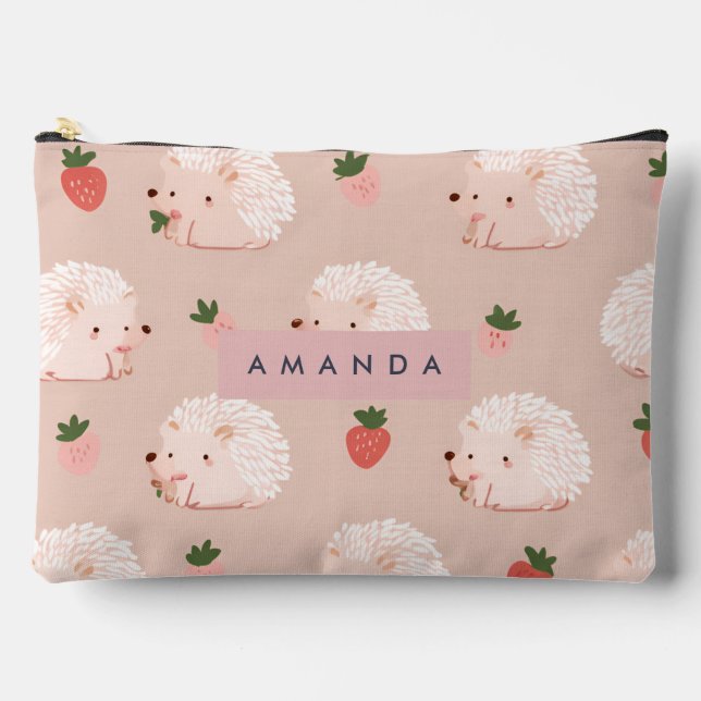 Personalized Sweet Hedgehog & Strawberry Pattern Accessory Pouch (Front)