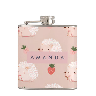 Personalized Sweet Hedgehog & Strawberry Pattern Hip Flask