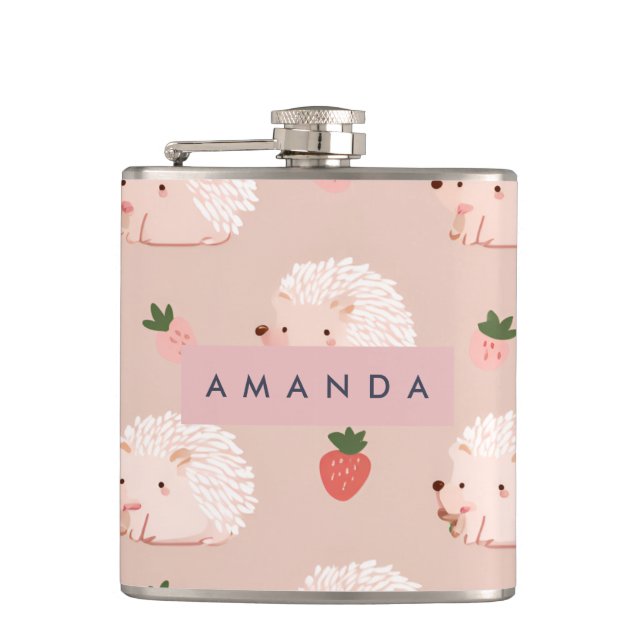 Personalized Sweet Hedgehog & Strawberry Pattern Hip Flask (Front)
