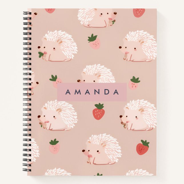 Personalized Sweet Hedgehog & Strawberry Pattern Notebook (Front)
