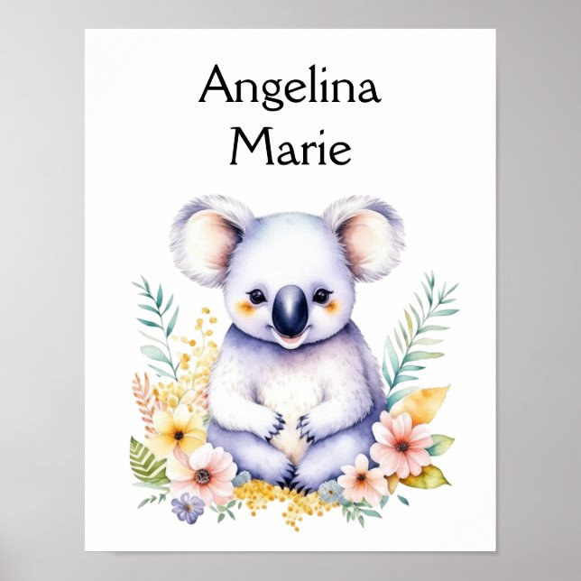 Personalized Sweet Koala Bear Baby Nursery Art Poster (Front)
