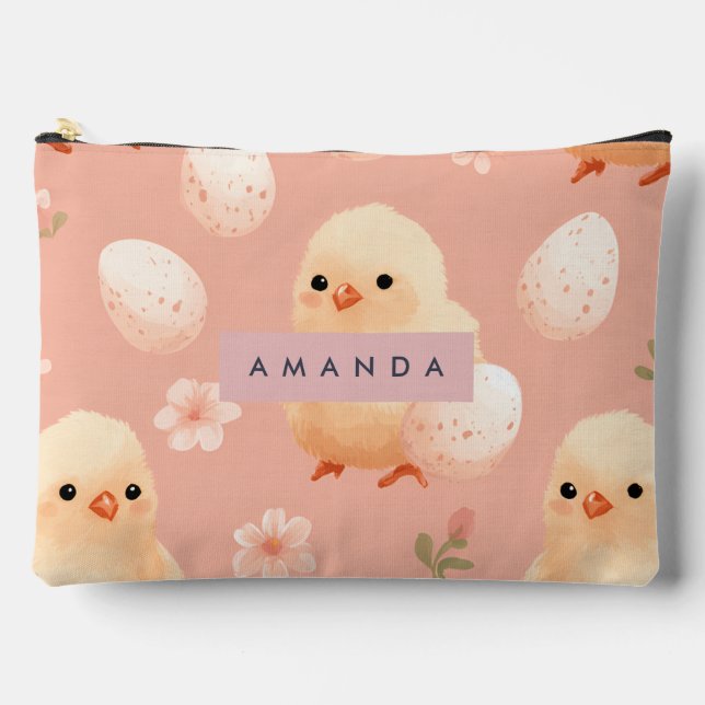 Personalized Sweet Pastel Baby Chick Pattern Accessory Pouch (Front)