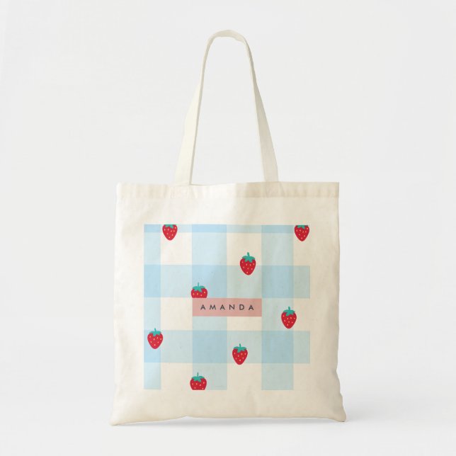 Personalized Sweet Strawberry Gingham Blue Tote Bag (Front)