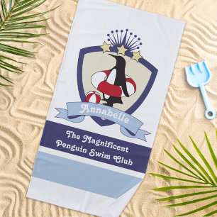 Personalized Swimming Club Crest Cute Penguin Kids Beach Towel