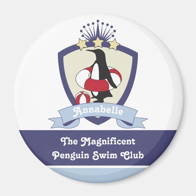 Personalized Swimming Club Crest Cute Penguin Kids Magnet (Front)