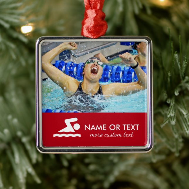 Personalized Swimming Photo Swimmer Name Christmas Metal Ornament (Tree)