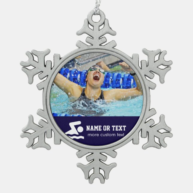 Personalized Swimming Photo Swimmer Name Christmas Snowflake Pewter Christmas Ornament (Front)