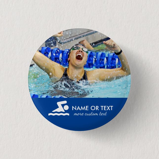 Personalized Swimming Photo Swimmer & Team Name 1 Inch Round Button (Front)