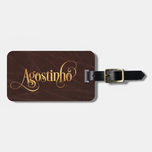 Personalized Swirly Script Agostinho Gold Leather Luggage Tag (Front Horizontal)