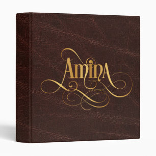 Personalized Swirly Script Amina Gold on Leather Binder