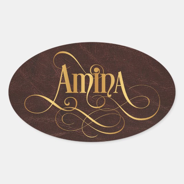 Personalized Swirly Script Amina Gold on Leather Oval Sticker (Front)