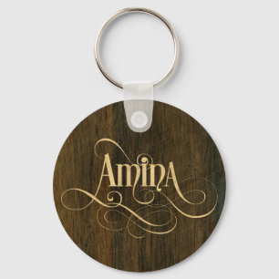 Personalized Swirly Script Amina Wood Veneer Keychain