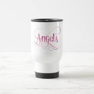 Personalized Swirly Script Angela Pink on Black Travel Mug