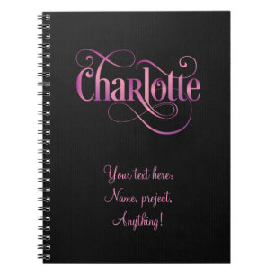 Personalized Swirly Script Charlotte Pink on Black Notebook
