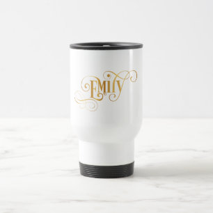 Personalized Swirly Script Emily Gold on Black Travel Mug