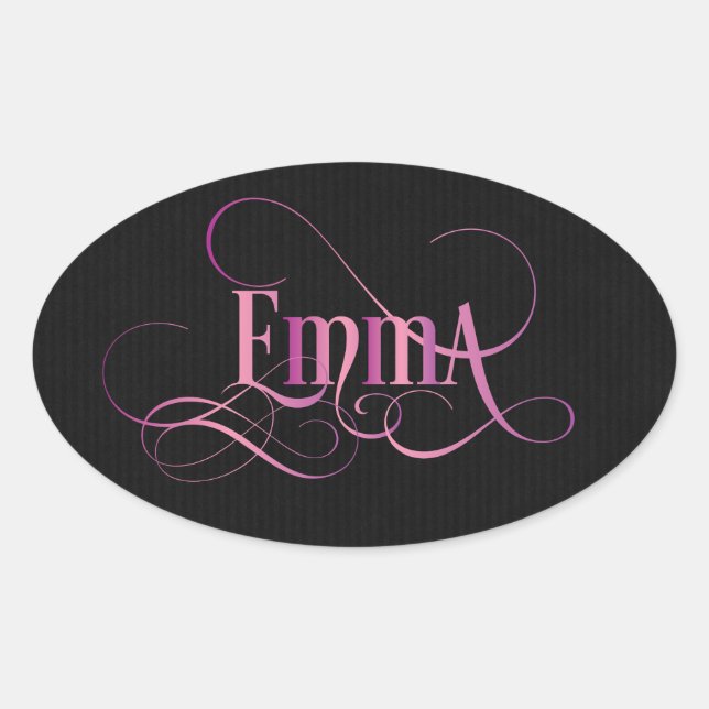 Personalized Swirly Script Emma Pink on Black Oval Sticker (Front)