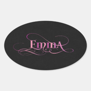 Personalized Swirly Script Emma Pink on Black Oval Sticker