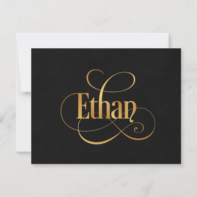Personalized Swirly Script Ethan Gold on Black Invitation (Back)